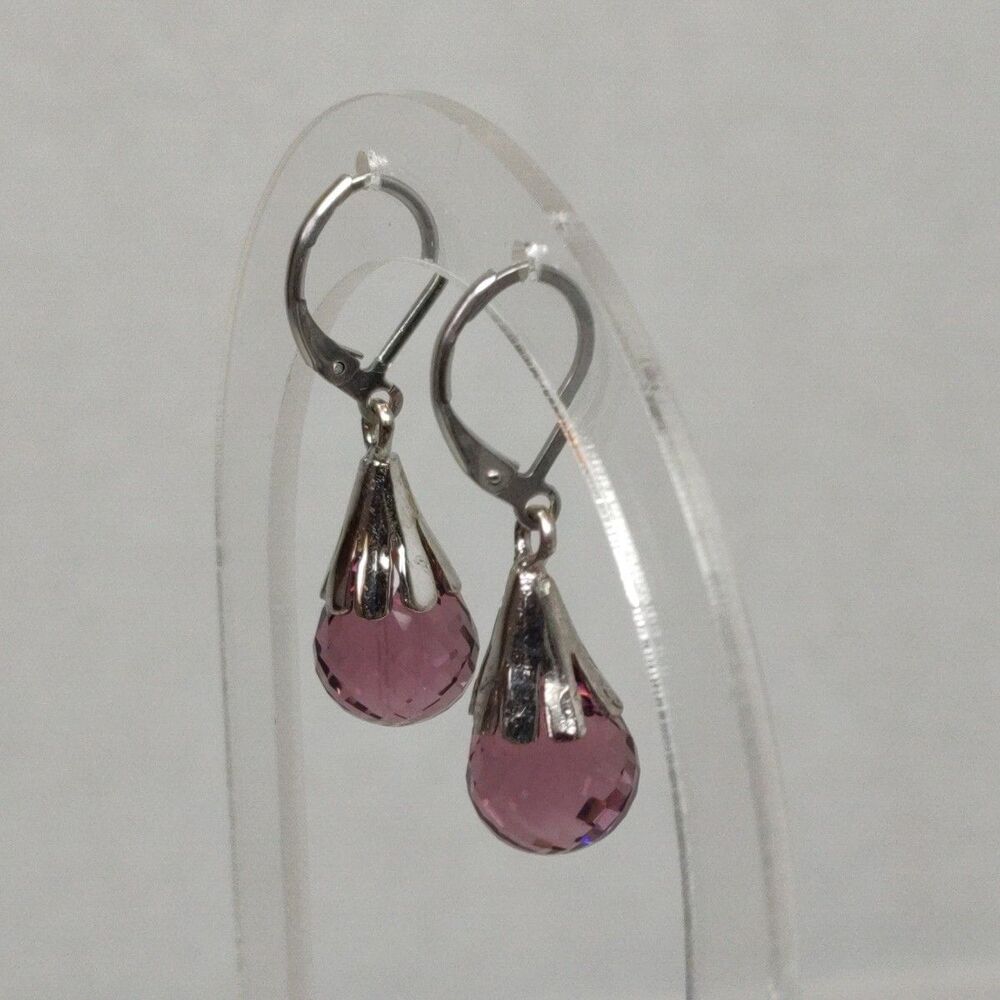 Silver Tone Metal Purple Pink Glass Faceted Stone Teardrop Drop Fashion Earrings - Picture 6 of 14